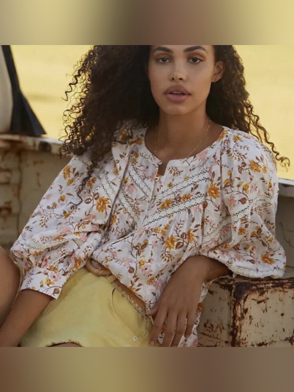 Anthropologie Cream Floral Peasant Blouse
